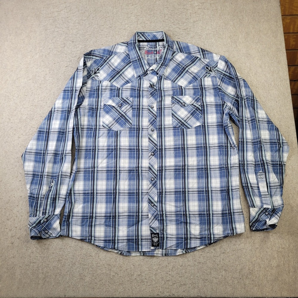 Rock 47 Pearl Snap Shirt Mens 2XL Blue Plaid Western Long Sleeve MRC187M
